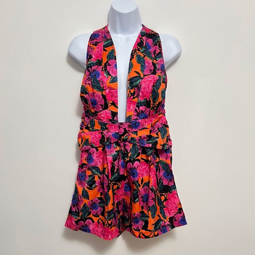 Pretty Little Thing Womens Romper Size 4 Bright Pink Orange Floral Summer